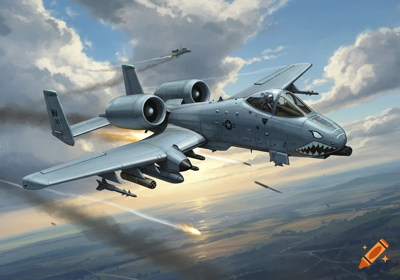A gray A-10 Warthog military jet with shark teeth nose art flies over a landscape, with another jet in the distance and explosions below.