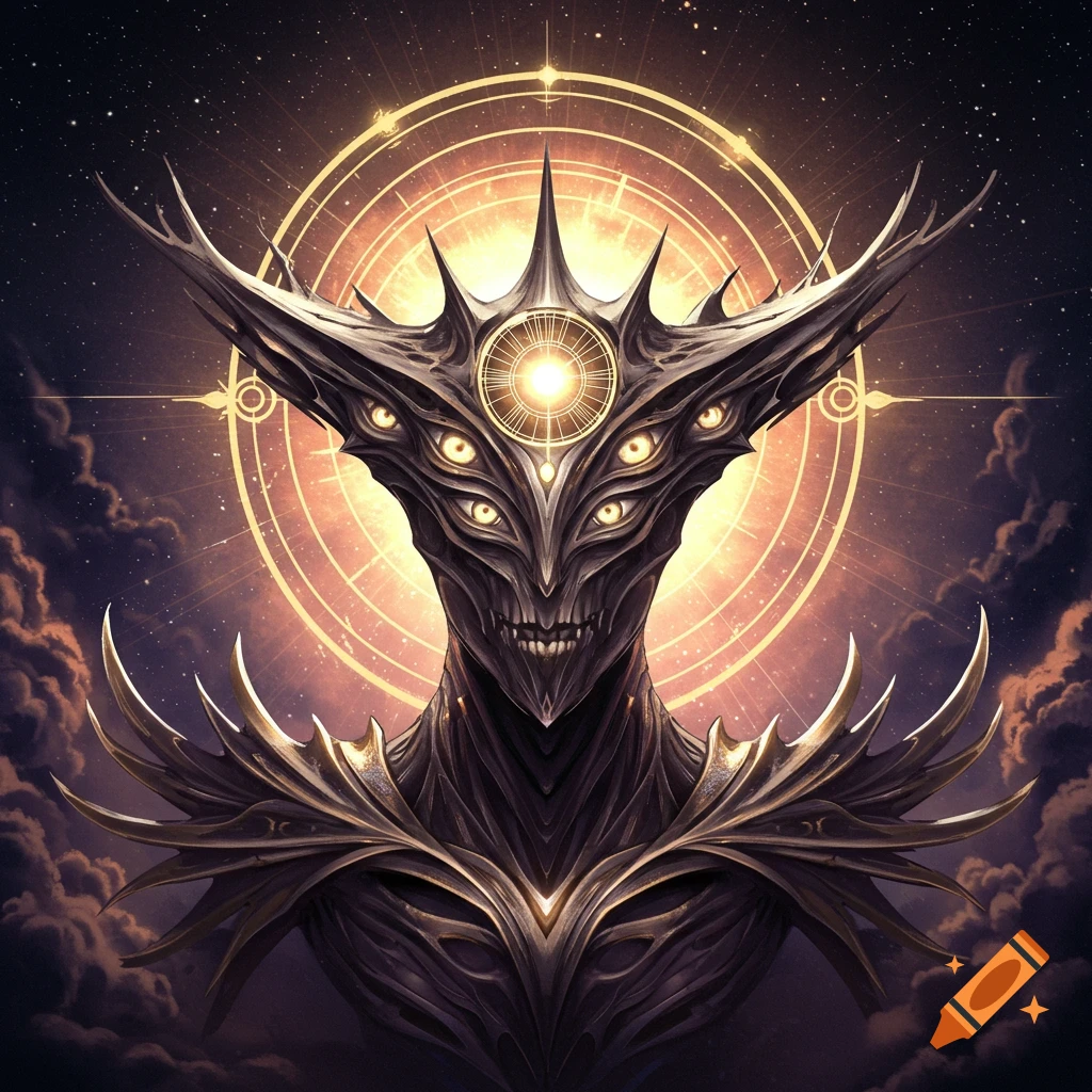 A dark, multi-eyed, armored Ophanim angel with glowing golden rings and celestial light against a starry, cloudy sky.