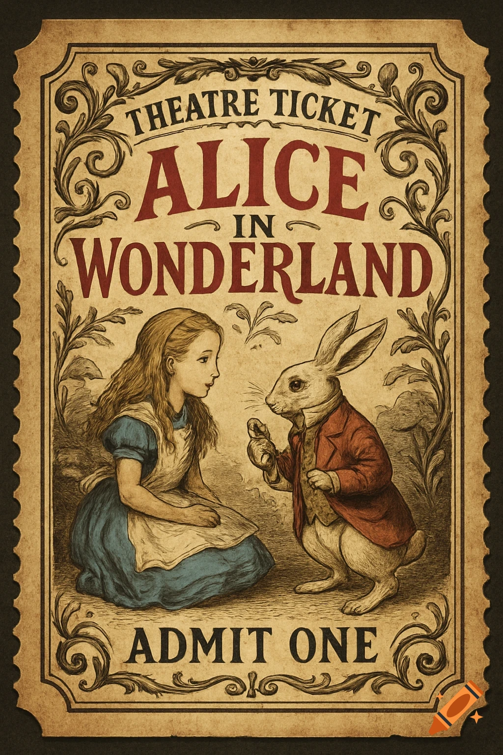Vintage-style theatre ticket for Alice in Wonderland featuring Alice and the White Rabbit with ornate borders.