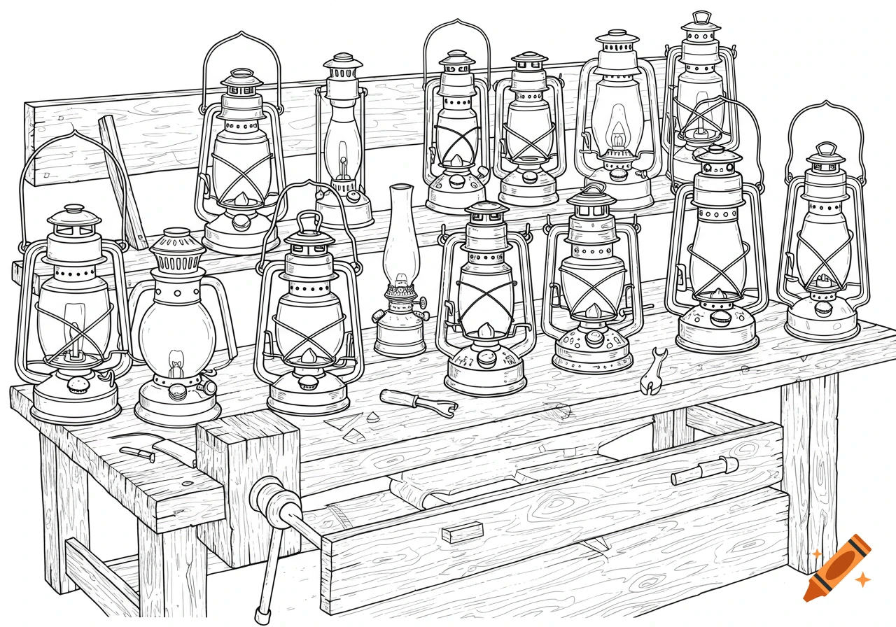 Many black and white line art kerosene lanterns on a wooden workbench, coloring book style.