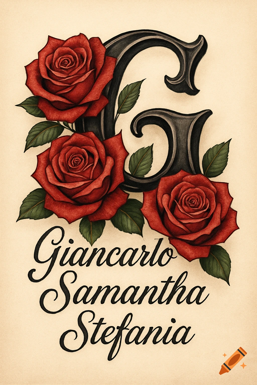 Stylized black letter G intertwined with three red roses and green leaves, above the names Giancarlo, Samantha, Stefania in cursive.