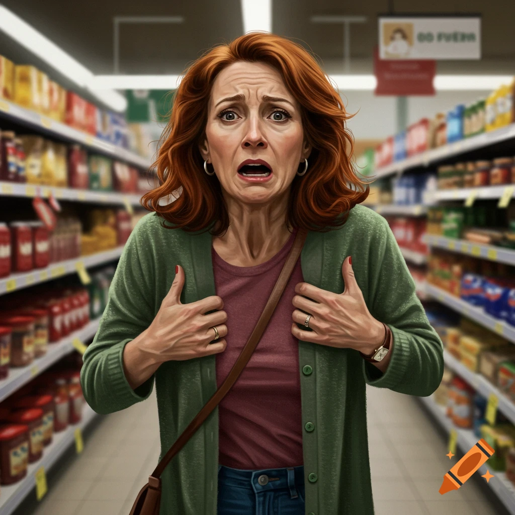 A distressed middle-aged woman having a panic attack in a supermarket aisle, clutching her chest.