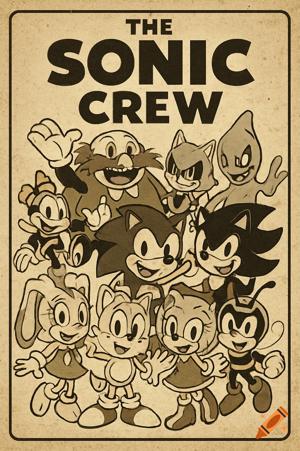 Vintage cartoon poster featuring Sonic characters, including Sonic, Dr. Robotnik, Shadow, Metal Sonic, Tails, Amy Rose, Cream, Charmy Bee, and Chaos, with "THE SONIC CREW" text.
