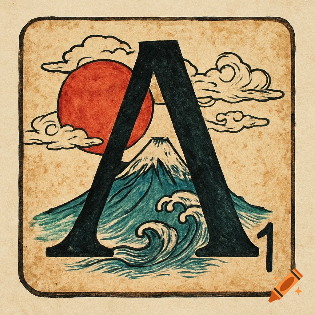 A stylized letter 'A' featuring Mount Fuji, waves, a red sun, and clouds, rendered in Japanese ukiyo-e style with a number '1' in the corner.