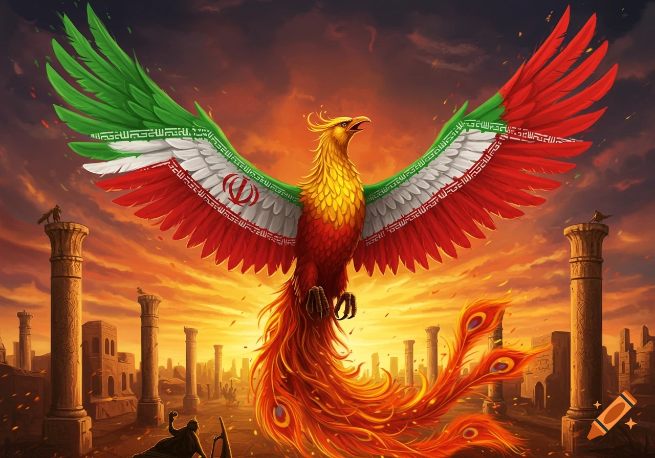 A majestic phoenix with wings displaying the colors of the Iranian flag, rising from flames against a fiery sunset sky with ancient Persian architecture.