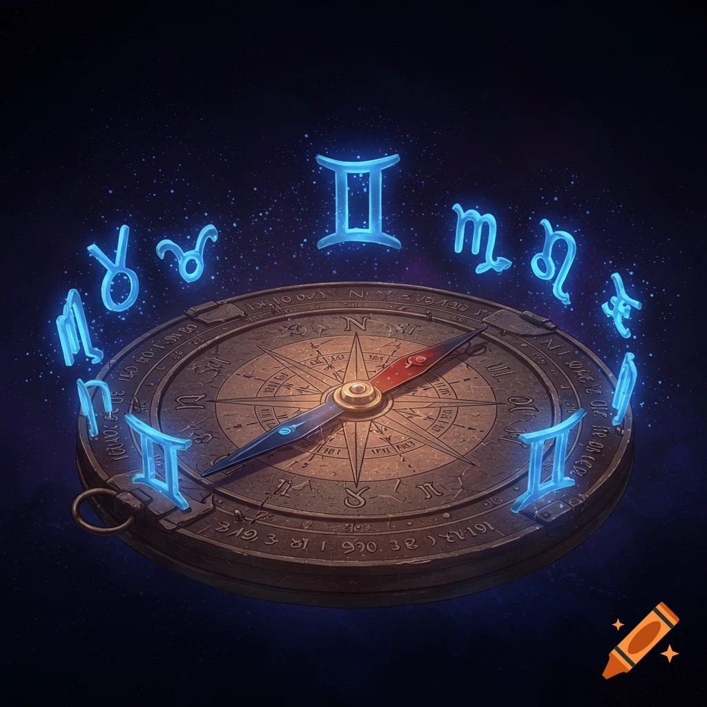 A magical antique compass surrounded by glowing blue zodiac symbols against a starry background.