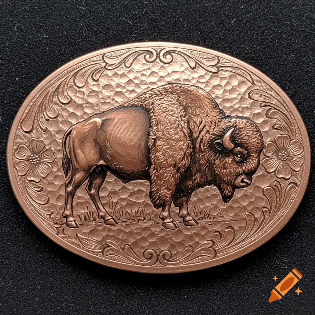 An oval copper belt buckle featuring a buffalo on a textured background with floral engravings.