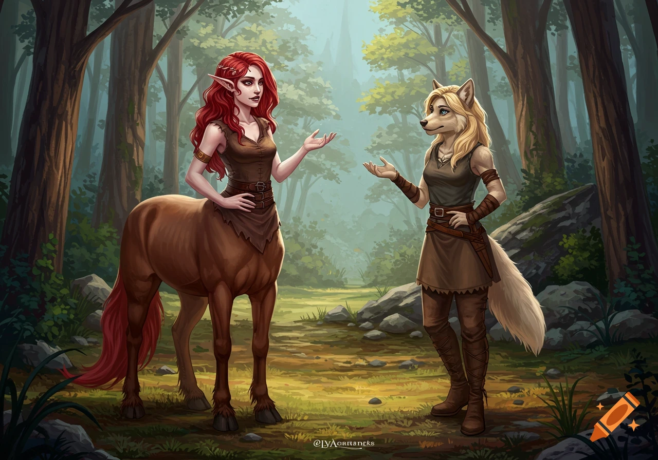 A fantasy illustration of a red-haired female centaur and a blonde wolfwoman standing and talking in a lush forest.