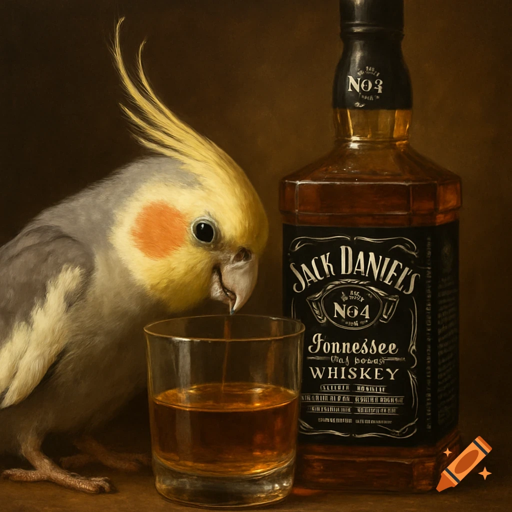 A photorealistic still life of a cockatiel looking at a glass of whiskey next to a bottle of Jack Daniel's.