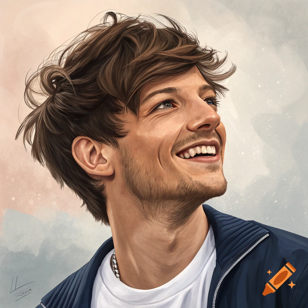 A digital painting of a smiling Louis Tomlinson looking upwards.