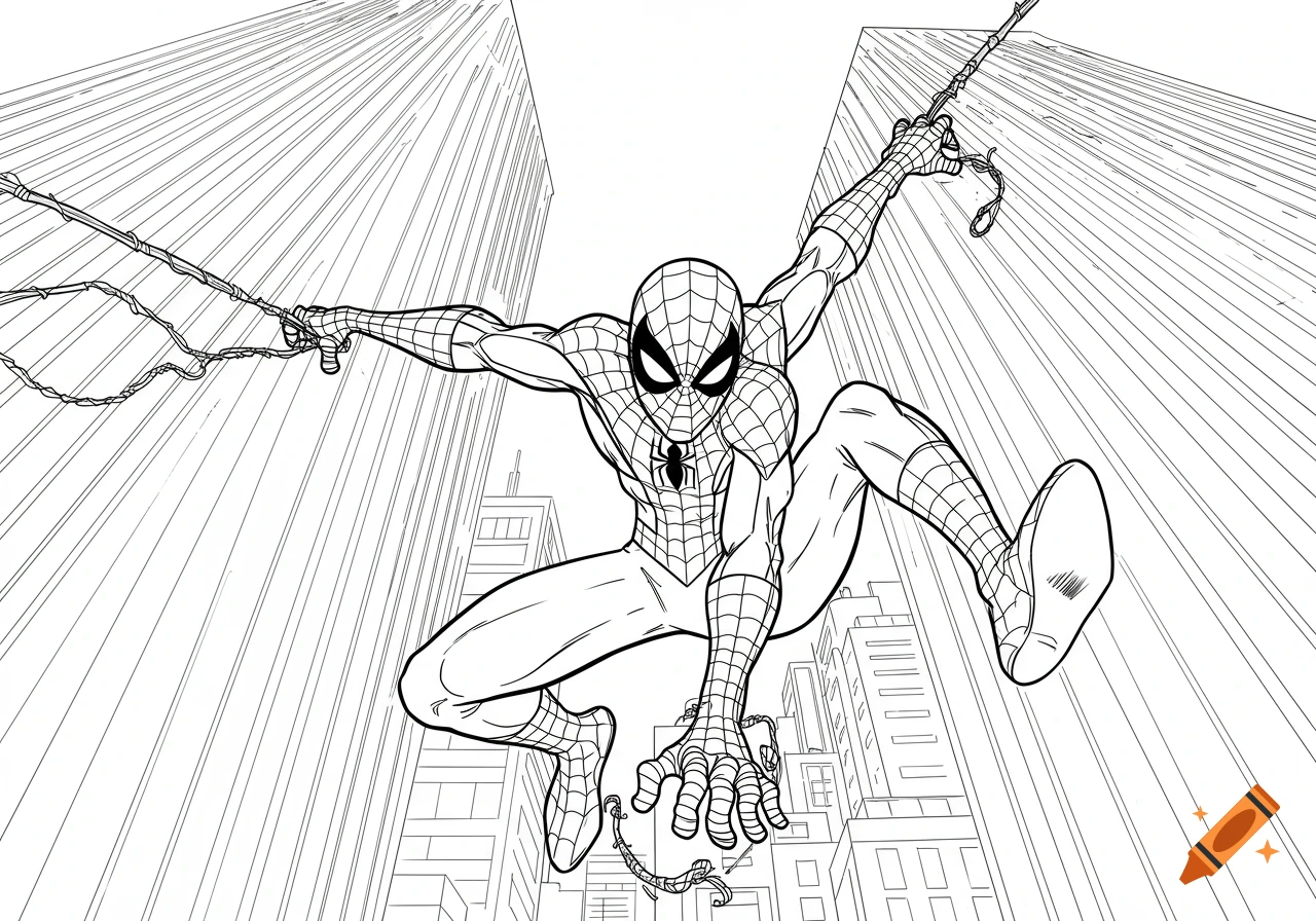 A black and white line art of Spider-Man swinging between buildings, looking directly at the viewer in a coloring book style.
