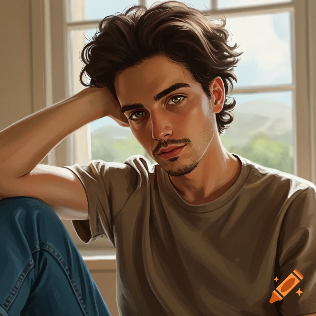 A close-up digital painting of a young man with dark, wavy hair and green eyes, wearing a gray t-shirt, looking directly at the viewer. He rests his head on his hand while sitting by a window with a blurred outdoor background.