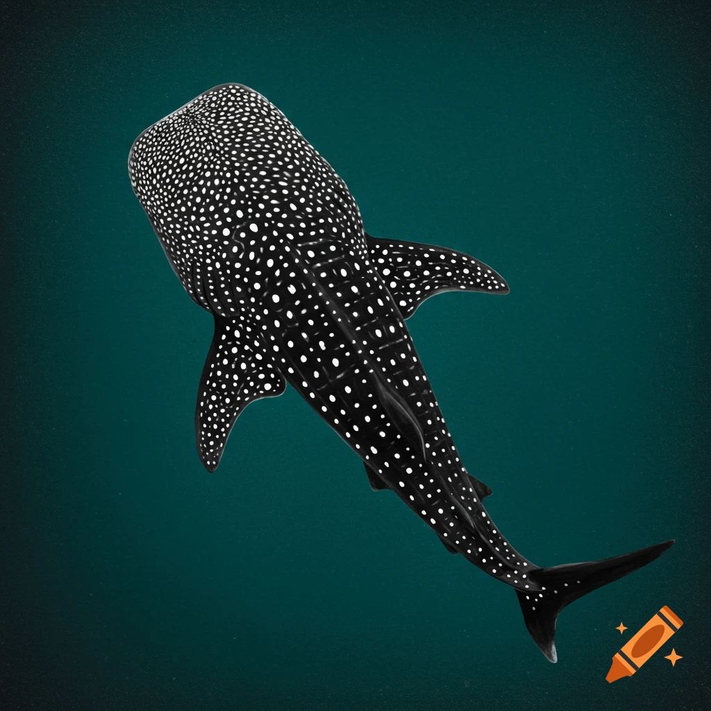A black and white whale shark with white spots swims against a dark teal background, viewed from above, in a painted style.