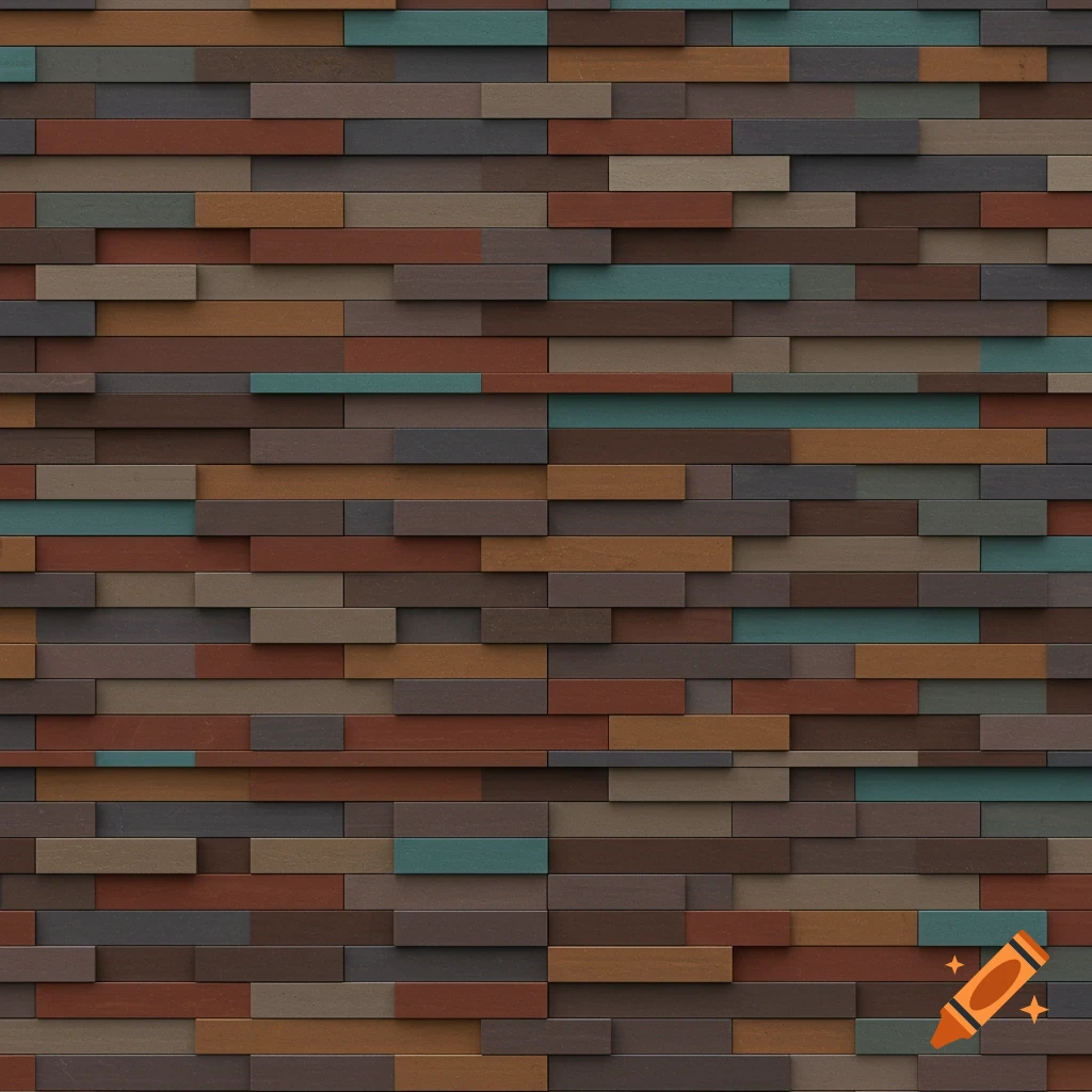 A close-up view of a wall covered in a pattern of staggered, multi-colored rectangular blocks.