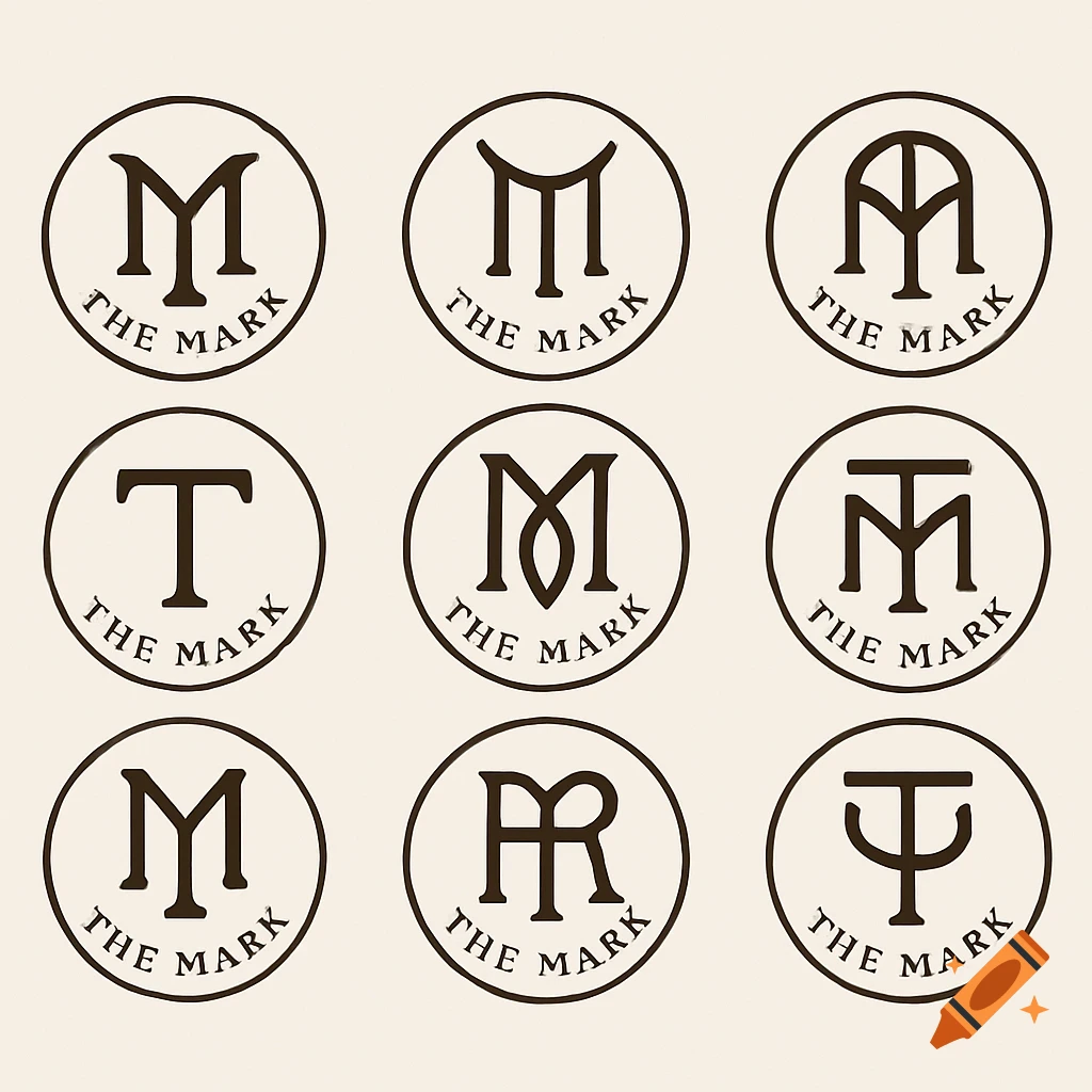 A grid of nine circular logo designs for 'The Mark' brand, featuring abstract letter monograms and the brand name in a modern-rustic style.