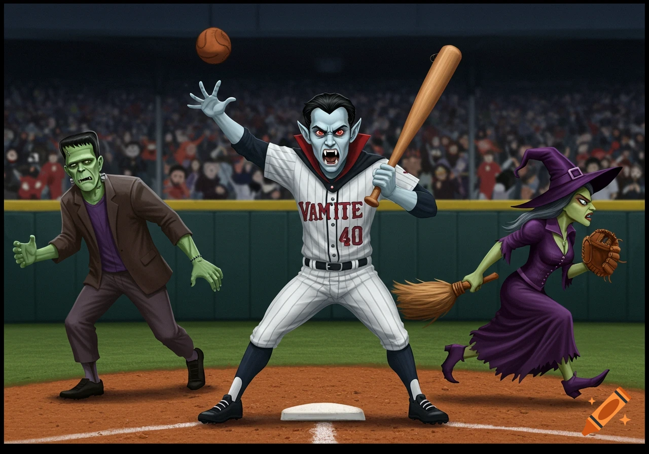 Cartoon monsters playing baseball: a vampire batter, Frankenstein's monster on third, and a witch on first base.
