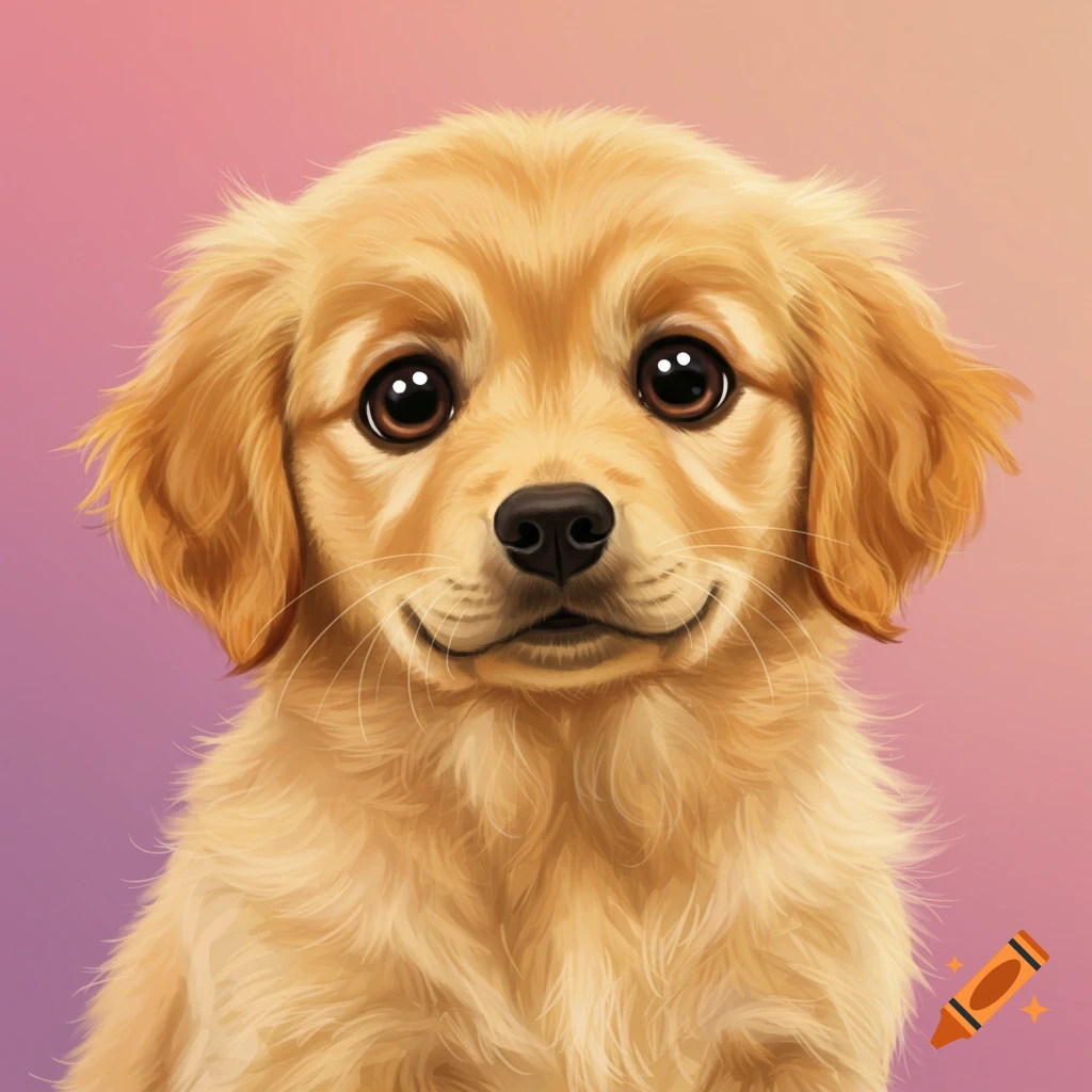 A cute golden retriever puppy with big, round eyes and a slight smile on its face, against a pink and purple gradient background.