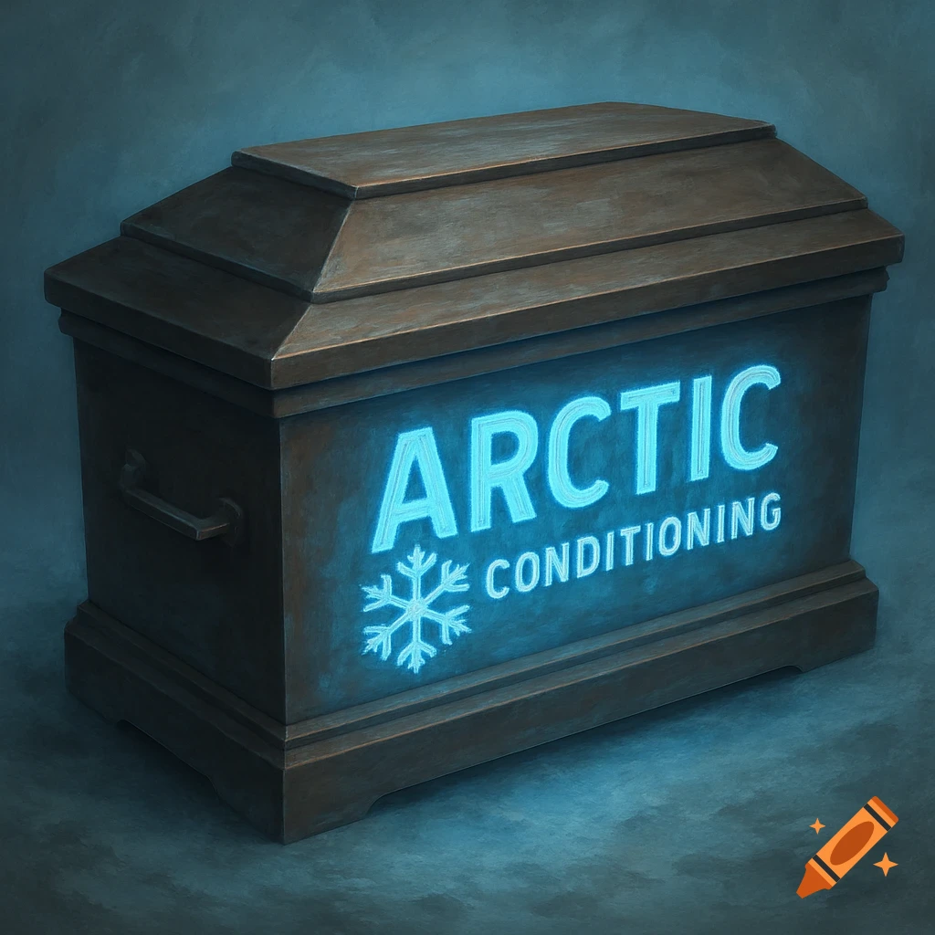 A dark wooden casket with a glowing blue 'ARCTIC CONDITIONING' logo and a snowflake symbol on its side.