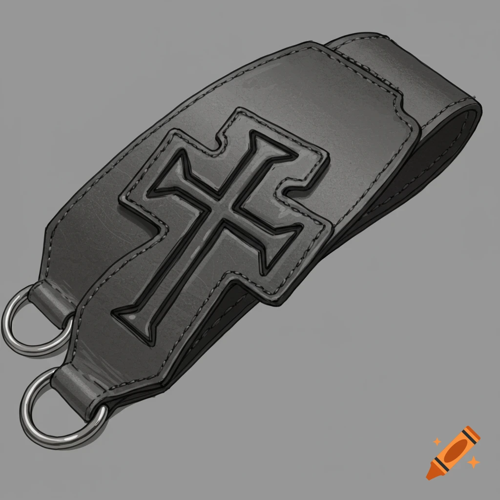 A dark gray leather strap with a cross-shaped emblem and two metal O-rings.