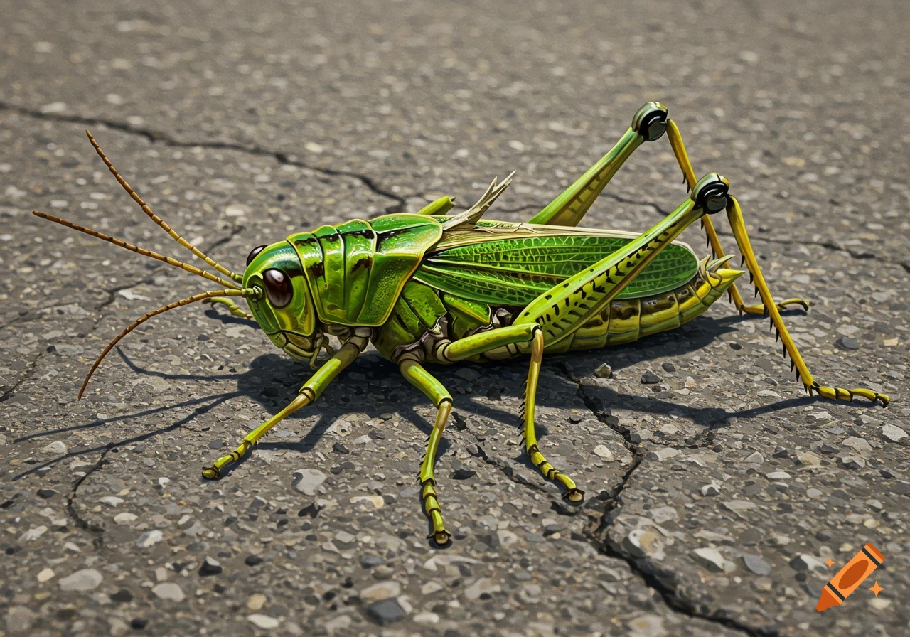 A detailed green grasshopper with long antennae rests on cracked asphalt pavement.