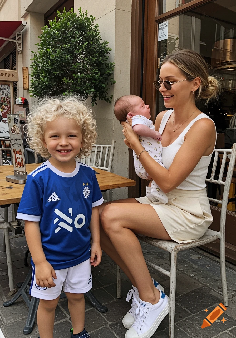 A mother holds her newborn baby while her smiling son stands next to them outside a cafe, a family lifestyle scene.