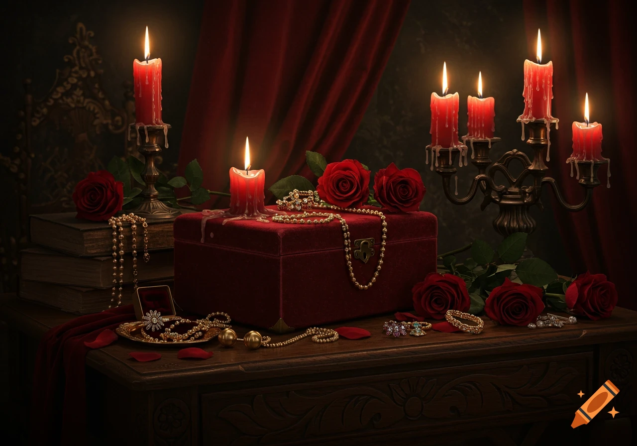 A dark still life with lit red candles, red roses, and golden jewelry arranged around a red velvet box and old books on a carved wooden table, against a red velvet curtain.