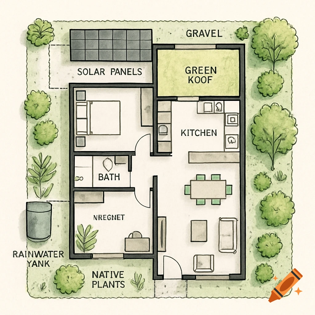 An illustrated floor plan of a sustainable house, featuring solar panels, a green roof, native plants, and a rainwater tank, with labeled rooms.