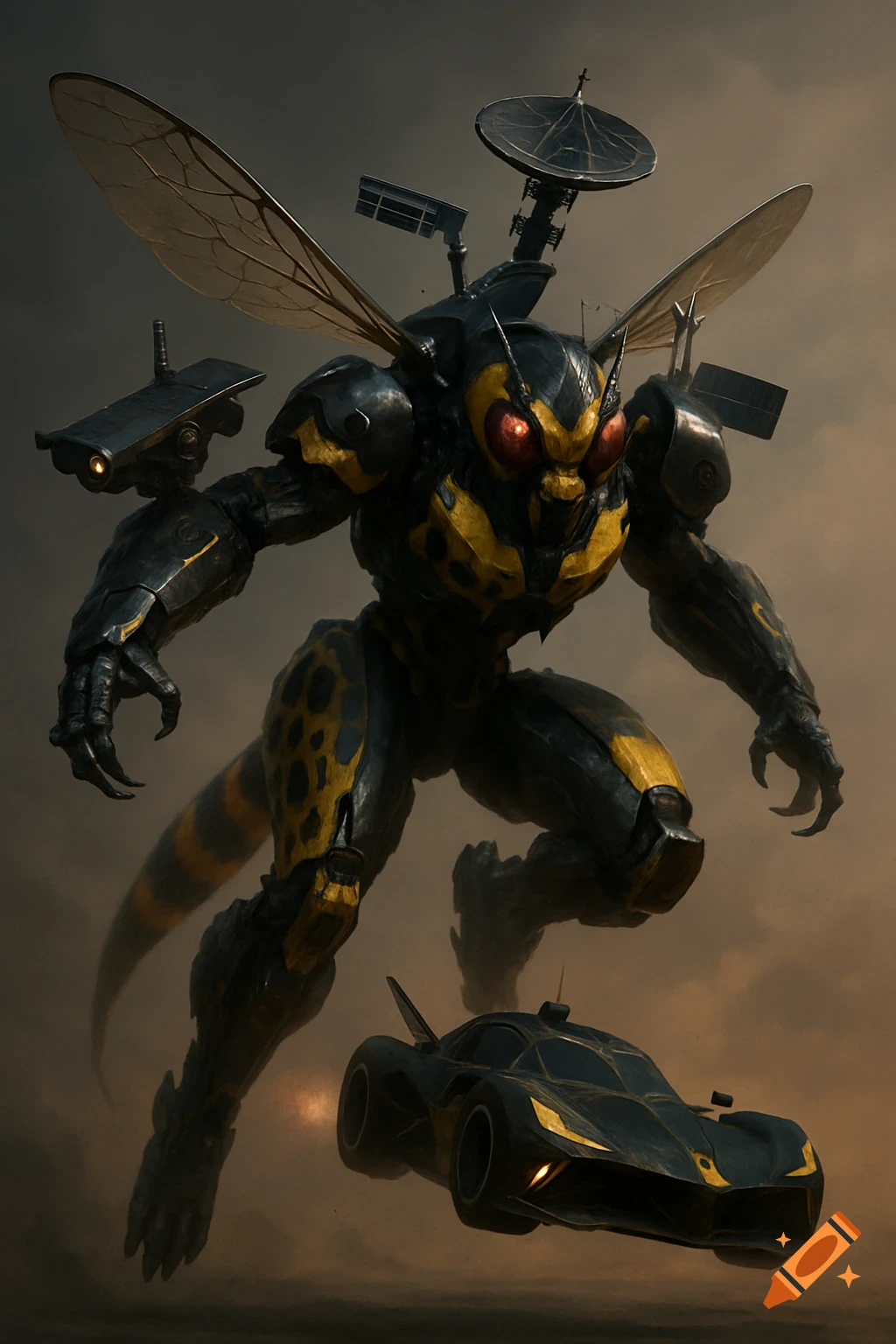 A large, dark and yellow wasp-like biomech robot with wings, a satellite dish, and cameras, hovering above a sleek black and yellow futuristic racecar.