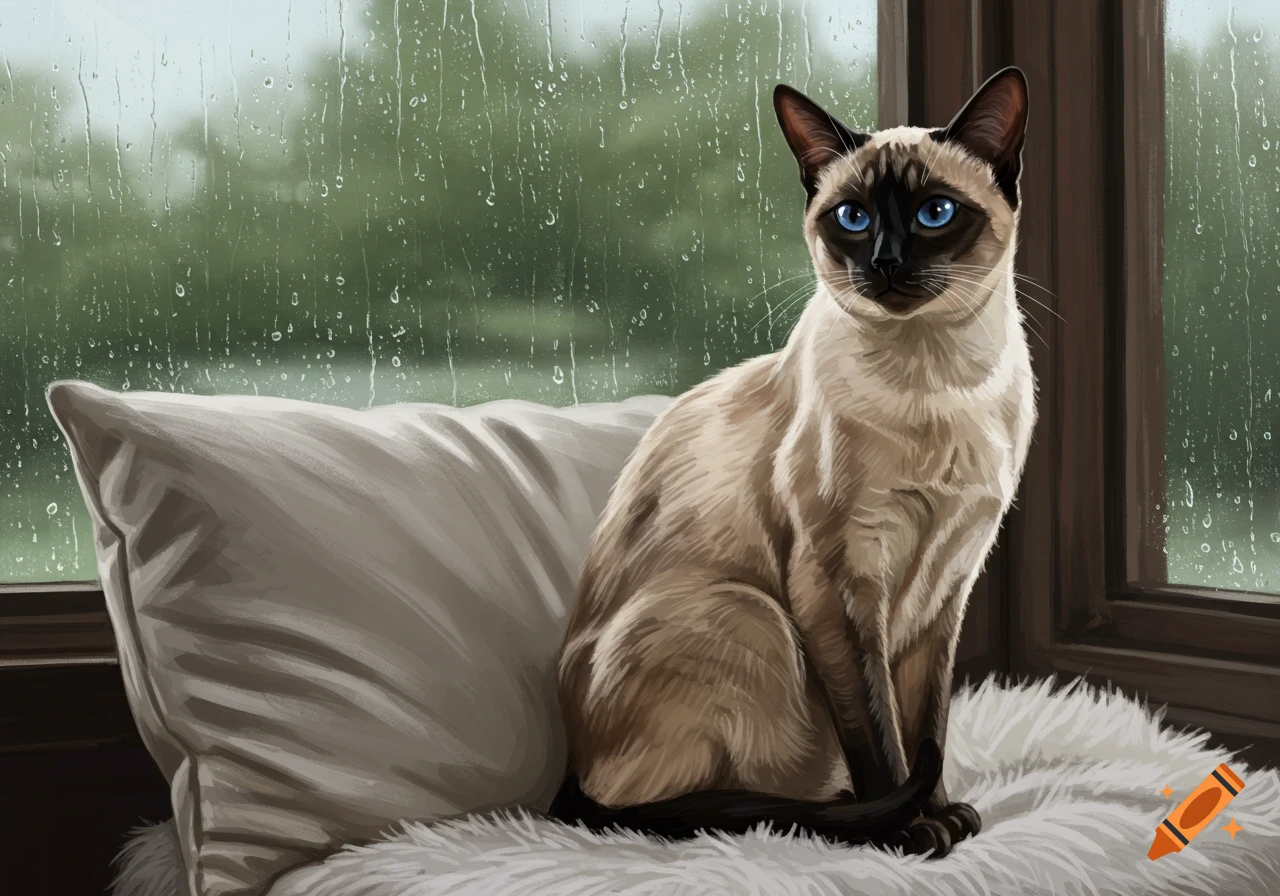 A Siamese cat with blue eyes sits on a fluffy white surface next to a pillow, looking out a rainy window in a painterly style.