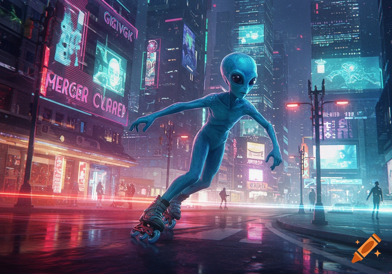 ロボット citynights A blue alien on inline skates glides through a vibrant