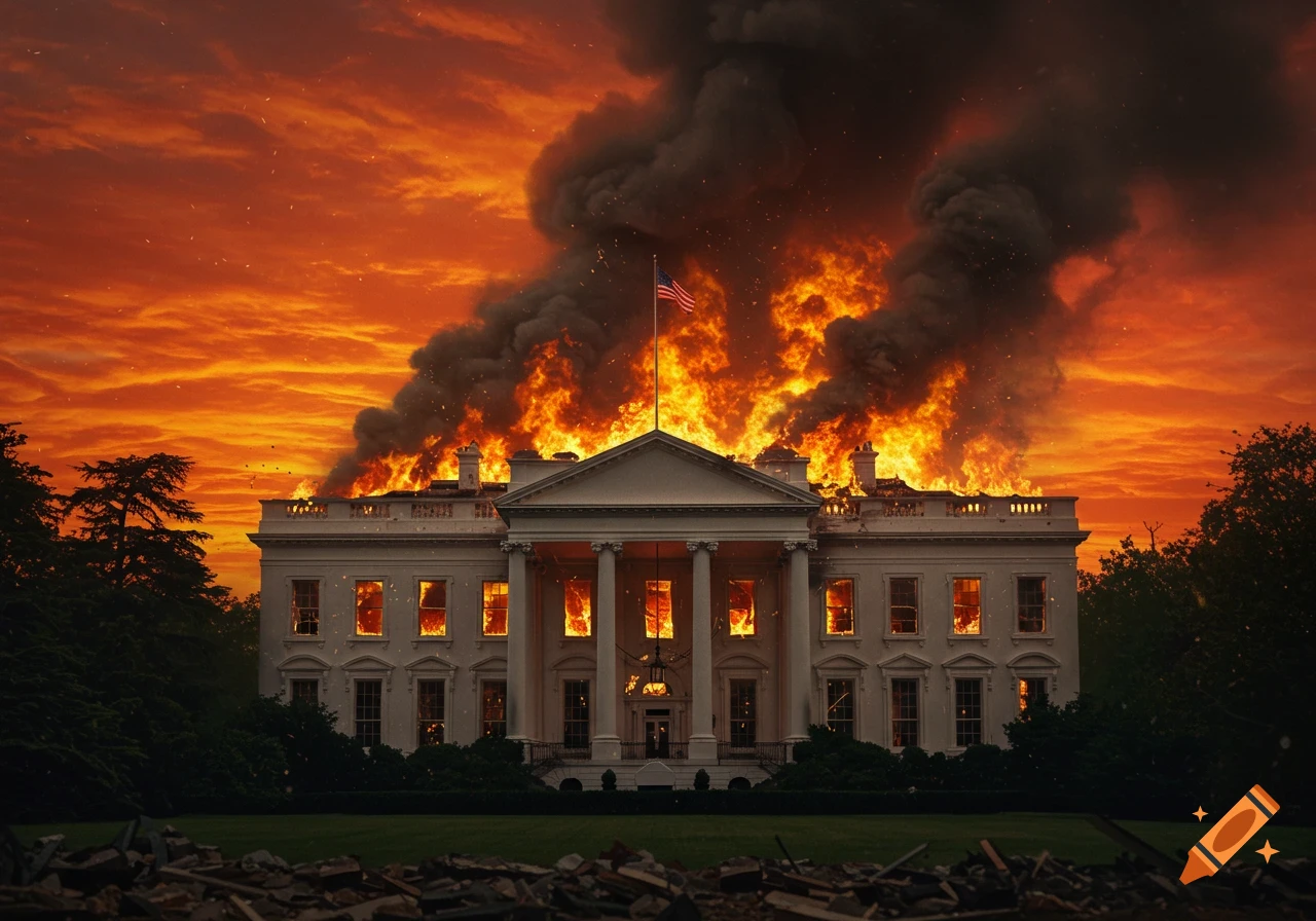 Photorealistic image of the White House engulfed in flames and smoke under a dramatic orange sky.