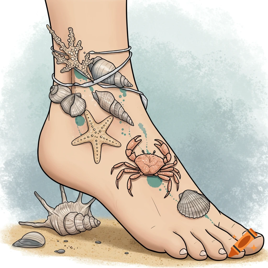 An illustrated human foot on sand with a coastal-themed anklet tattoo featuring shells, a starfish, and a crab.
