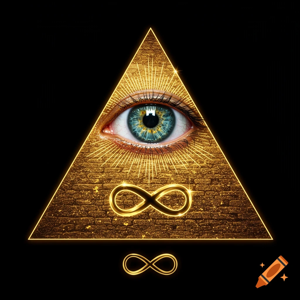 A glowing blue-green eye within a golden, textured pyramid, with golden rays and two infinity symbols, against a black background.
