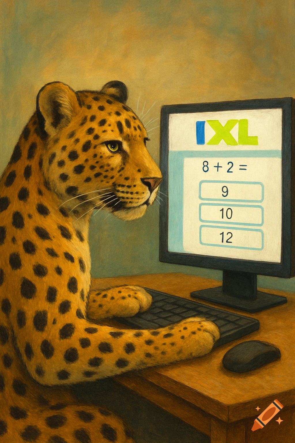 A realistic anthropomorphic leopard sits at a desk, looking at a computer screen displaying an 'IXL' math problem. Its paws are on the keyboard.