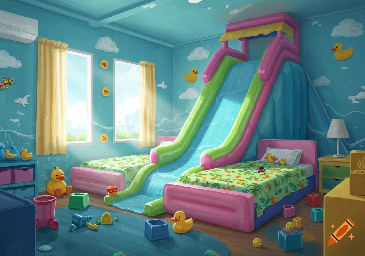 A colorful, cartoon-style children's bedroom with two pink beds, a large indoor water slide, and various toys and rubber duck decorations.
