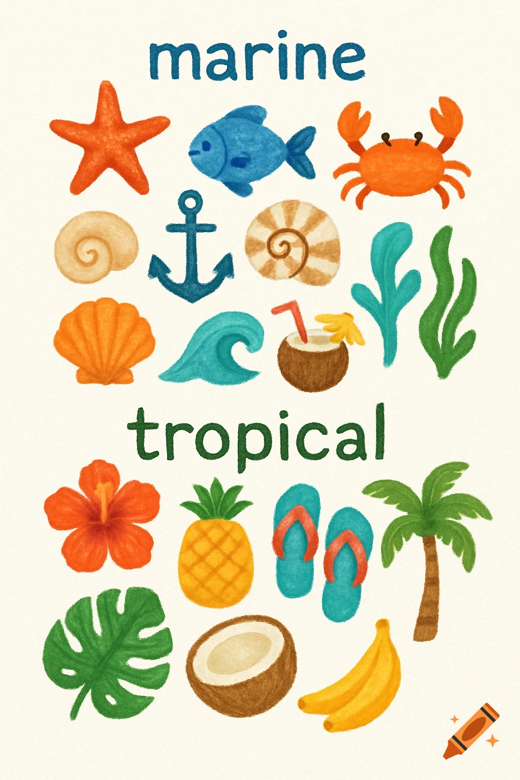 Cute illustrations of marine and tropical items, with 'marine' text above sea creatures and 'tropical' text above beach elements and fruits.