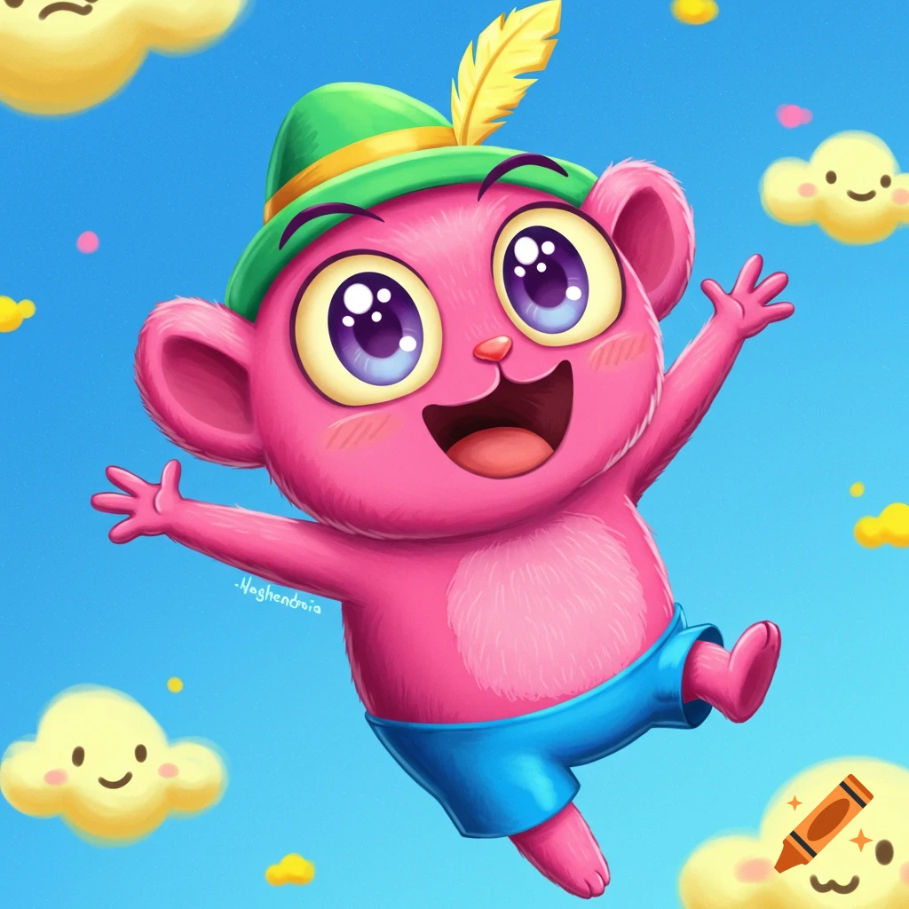 A cute pink cartoon creature wearing a green hat and blue shorts jumps joyfully in a blue sky with happy clouds.