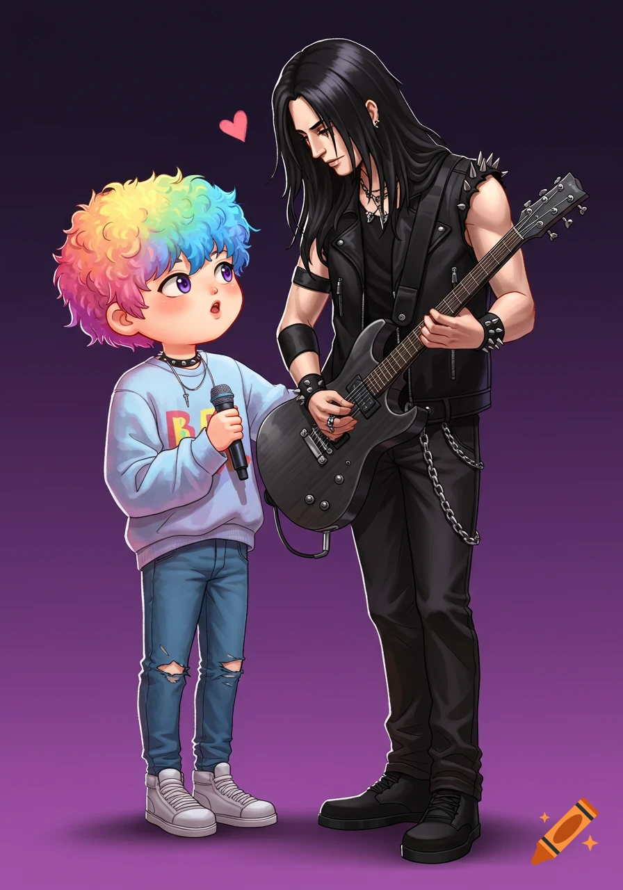 Anime-style illustration of a cute K-pop singer with rainbow hair holding a microphone, looking up at a metal guitarist with long black hair holding a guitar, on a purple background.