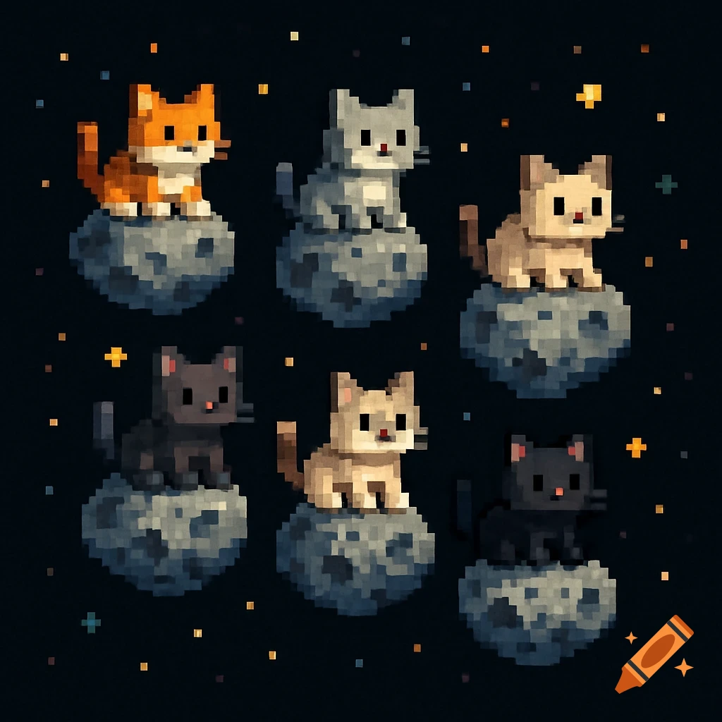 Multiple pixel art cats of various colors sitting on individual asteroids in dark space with stars.