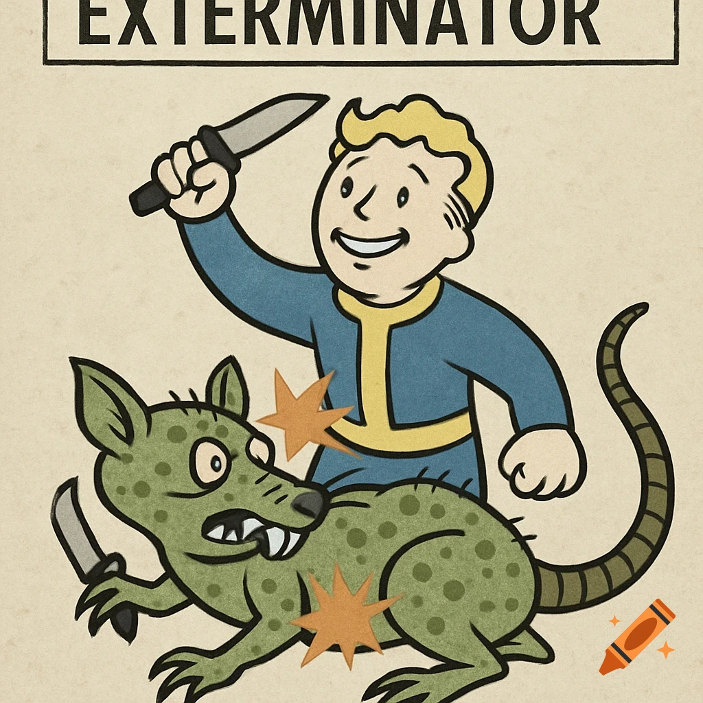 A vintage-style cartoon illustration depicts Vault Boy from Fallout raising a knife over a green, mutated rat, with 'EXTERMINATOR' text above.