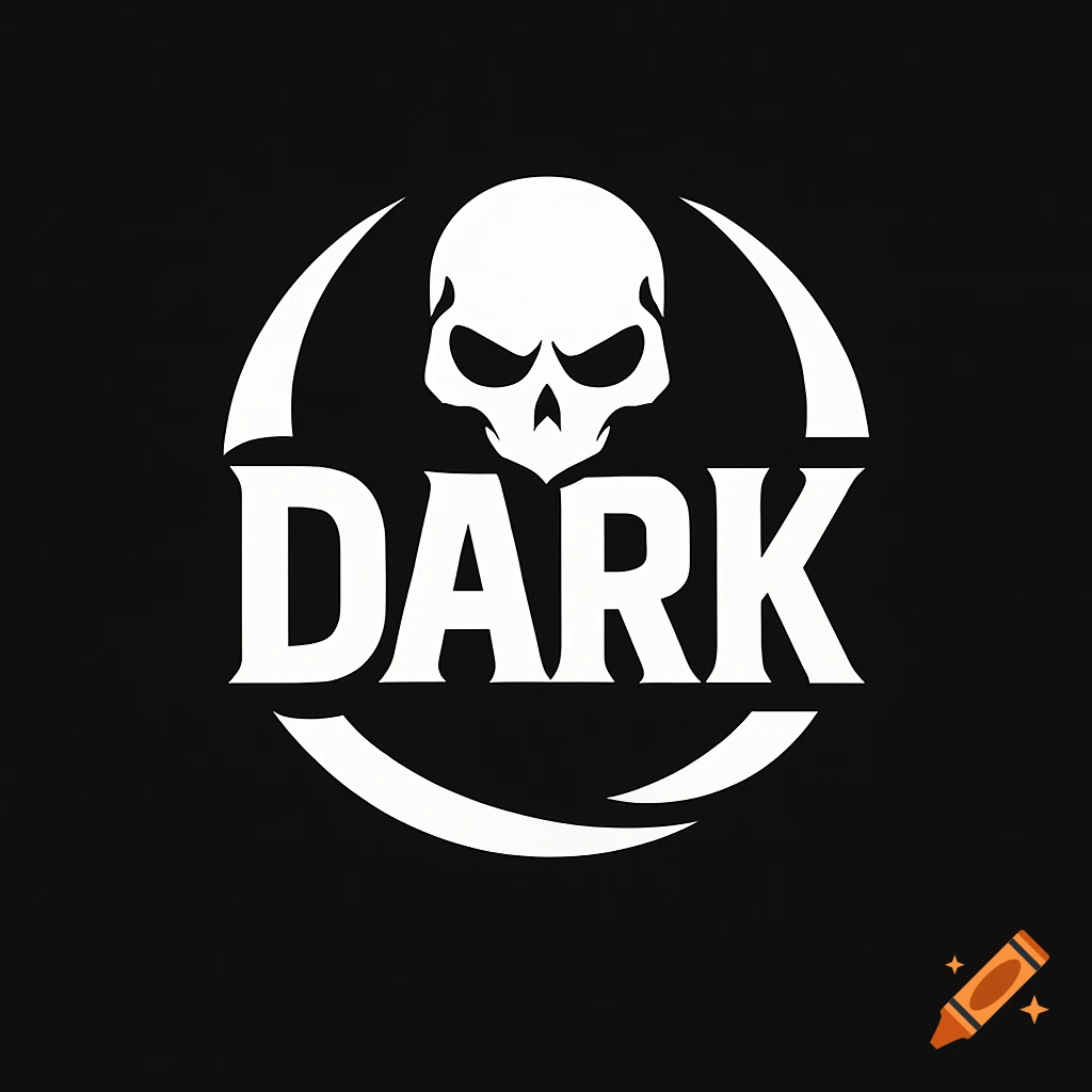 A white skull logo with the word 'DARK' below it, against a black background.