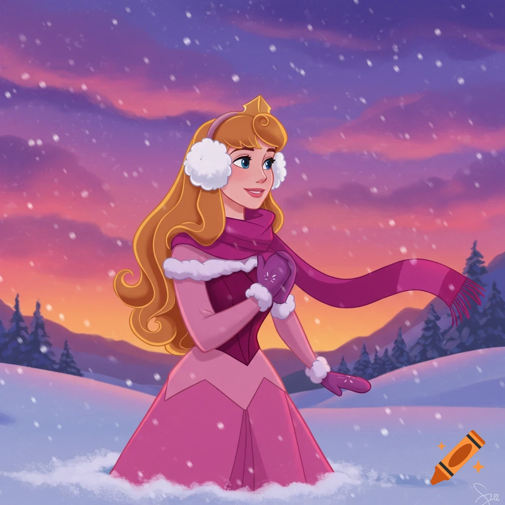 Princess Aurora in a pink dress, earmuffs, scarf, and mittens stands in snow at sunset, digital art.