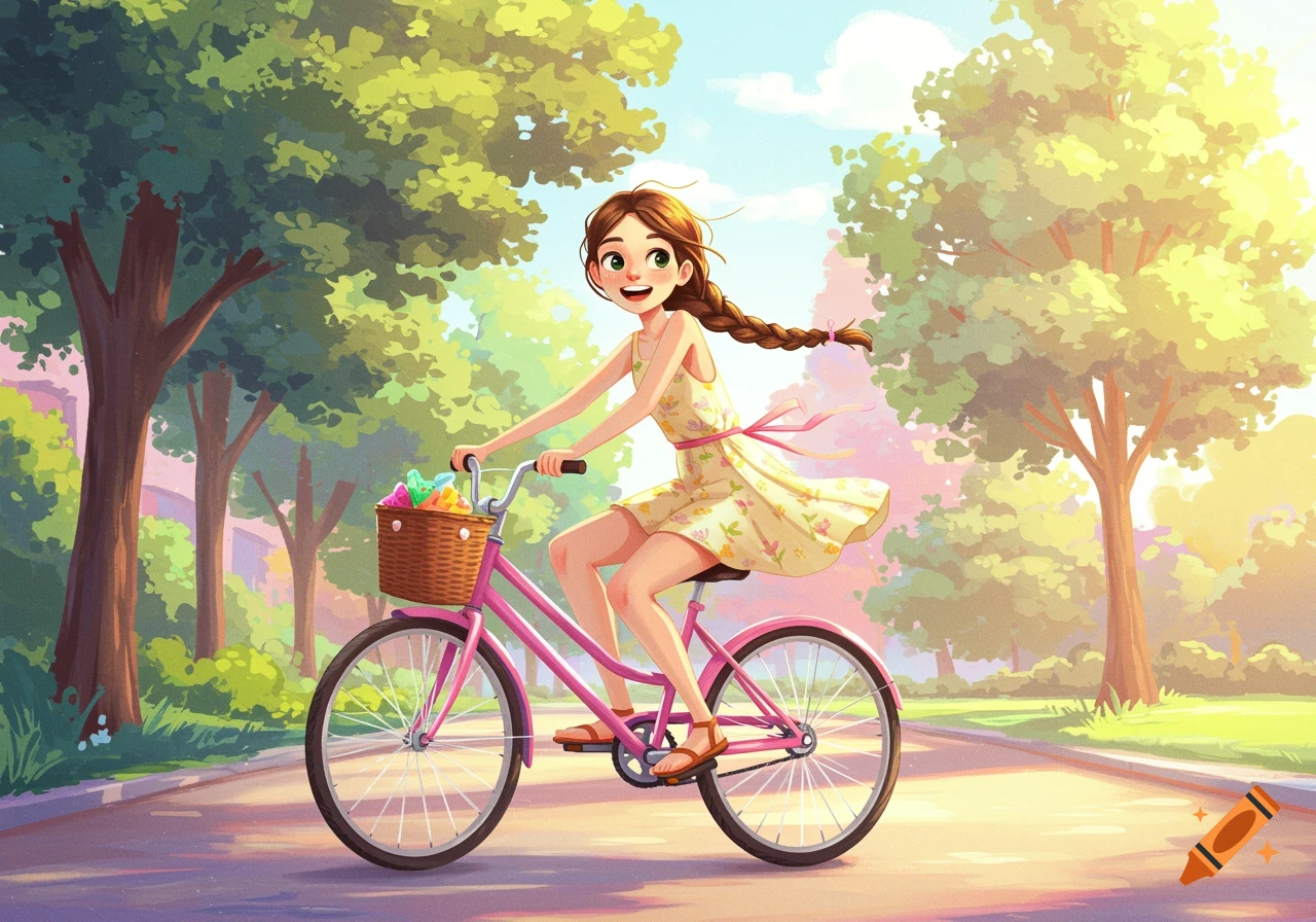 Cartoon illustration of a smiling girl riding a pink bicycle on a sunny park path.