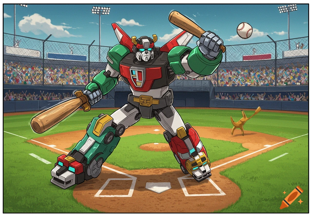 A cartoon-style image of the Vehicle Voltron robot on a baseball field, holding two baseball bats, with a stadium full of spectators.