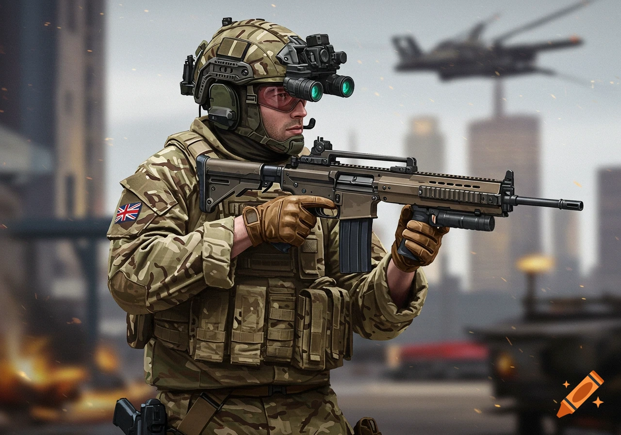 A modern soldier in camouflage and tactical gear, wearing night vision goggles and holding an assault rifle, with a blurred urban background.