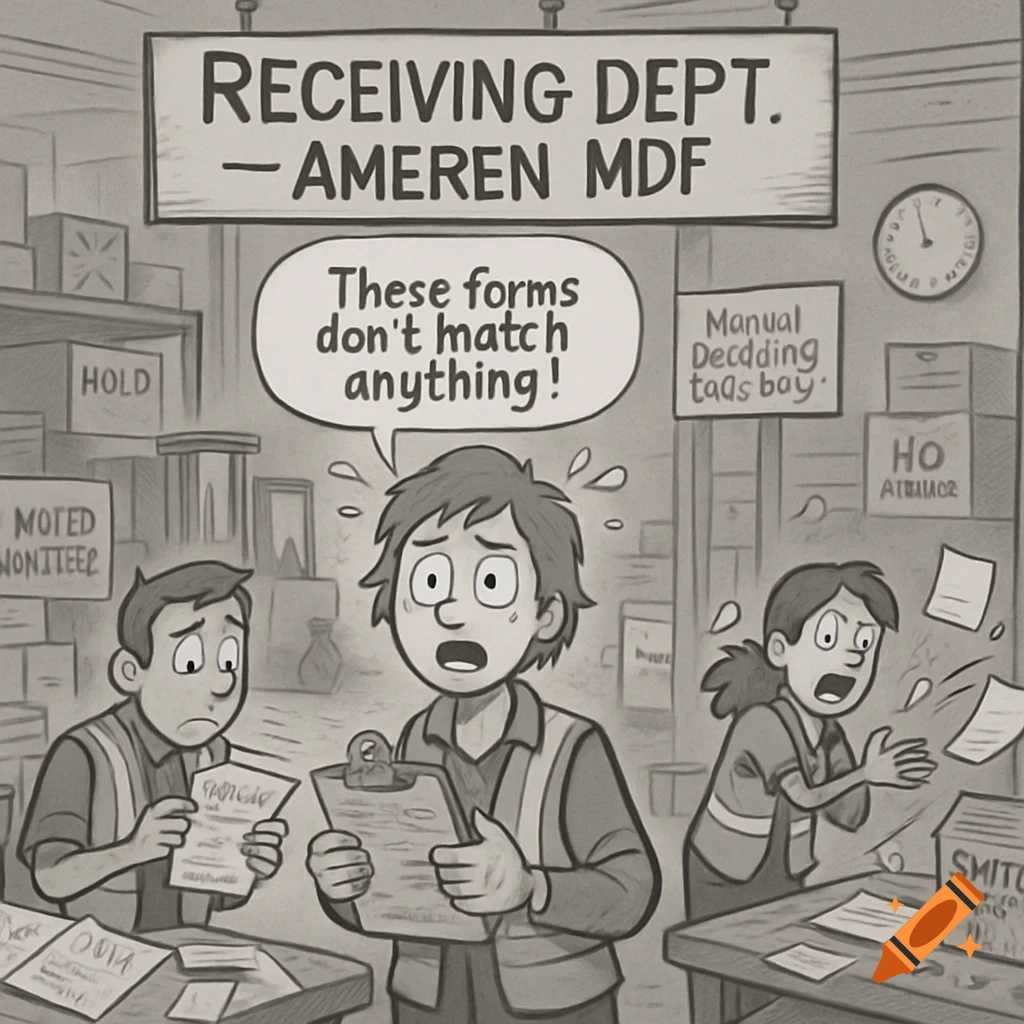 A distressed team of cartoon workers in a messy receiving department with boxes and papers, looking overwhelmed.