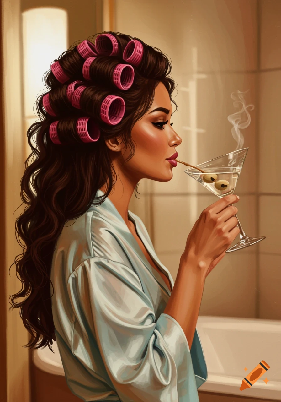 An illustrated side profile of a woman with dark hair in pink rollers, wearing a light blue robe, drinking a martini with olives.