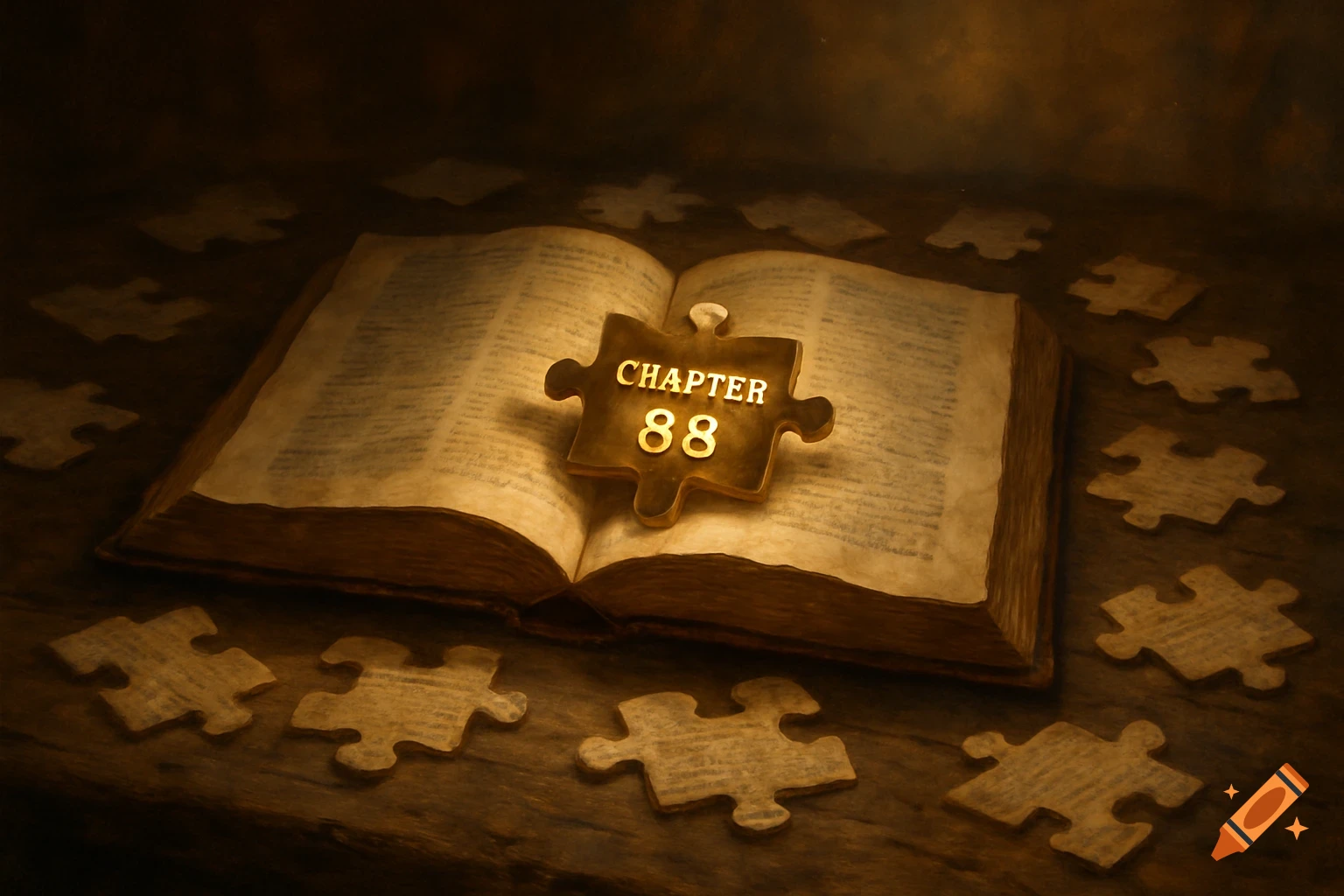An old open book on a rustic wooden table with scattered puzzle pieces. A glowing puzzle piece in the center reads 'CHAPTER 88' with moody, warm lighting.