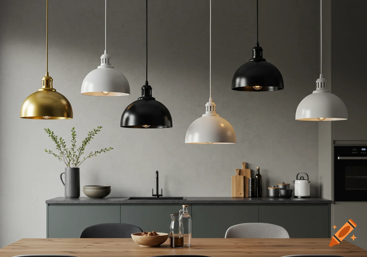 Five pendant lamps in gold, black, and white hanging at different heights above a modern kitchen table.