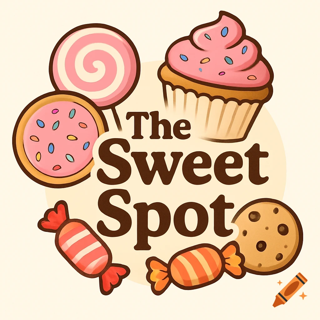 A logo for 'The Sweet Spot' featuring a pink swirl lollipop, a frosted cookie, a pink-frosted cupcake, and two candies, and a chocolate chip cookie.